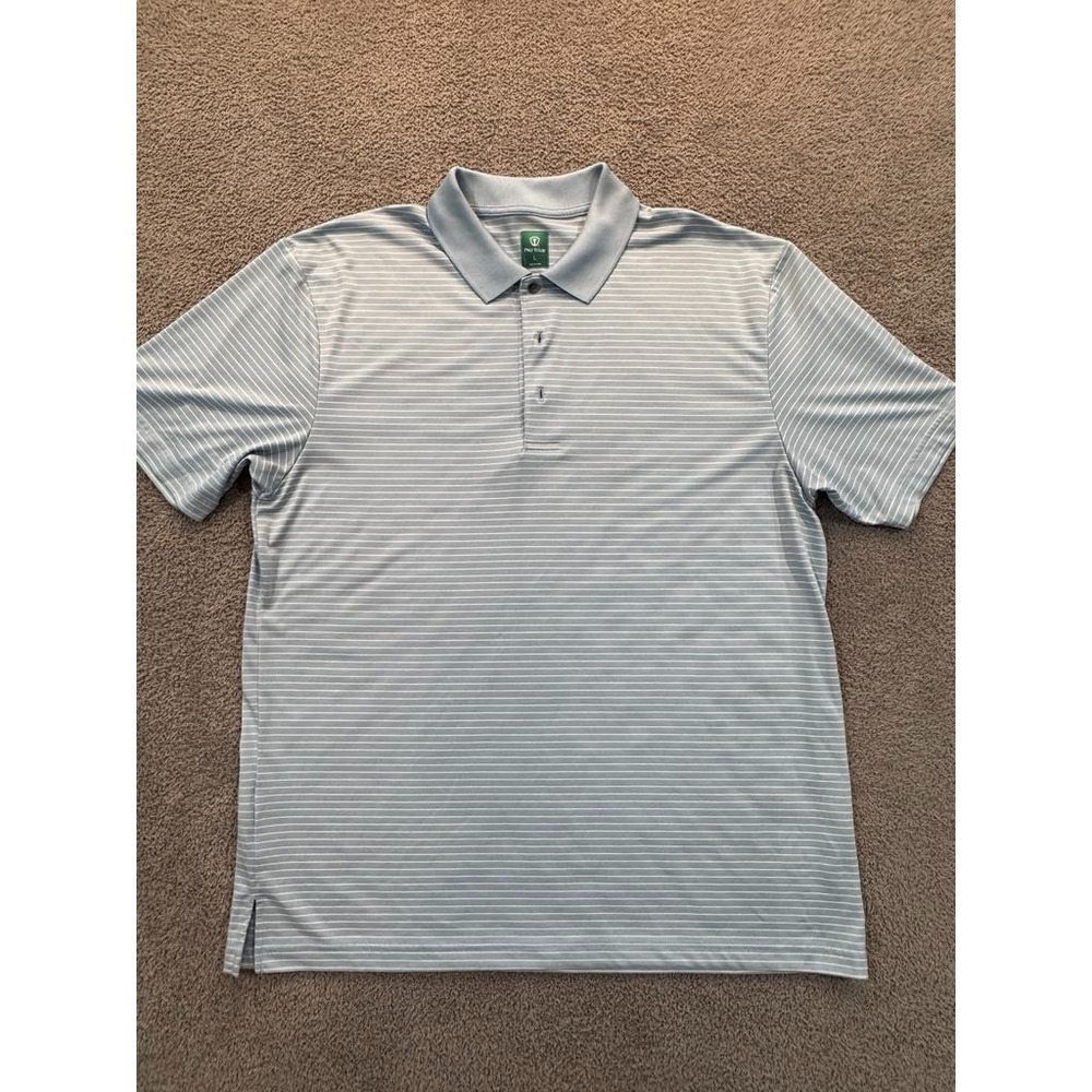 Pro‎ Tour Men's Golf Polo Shirt Large L Blue White Striped Performance Pol